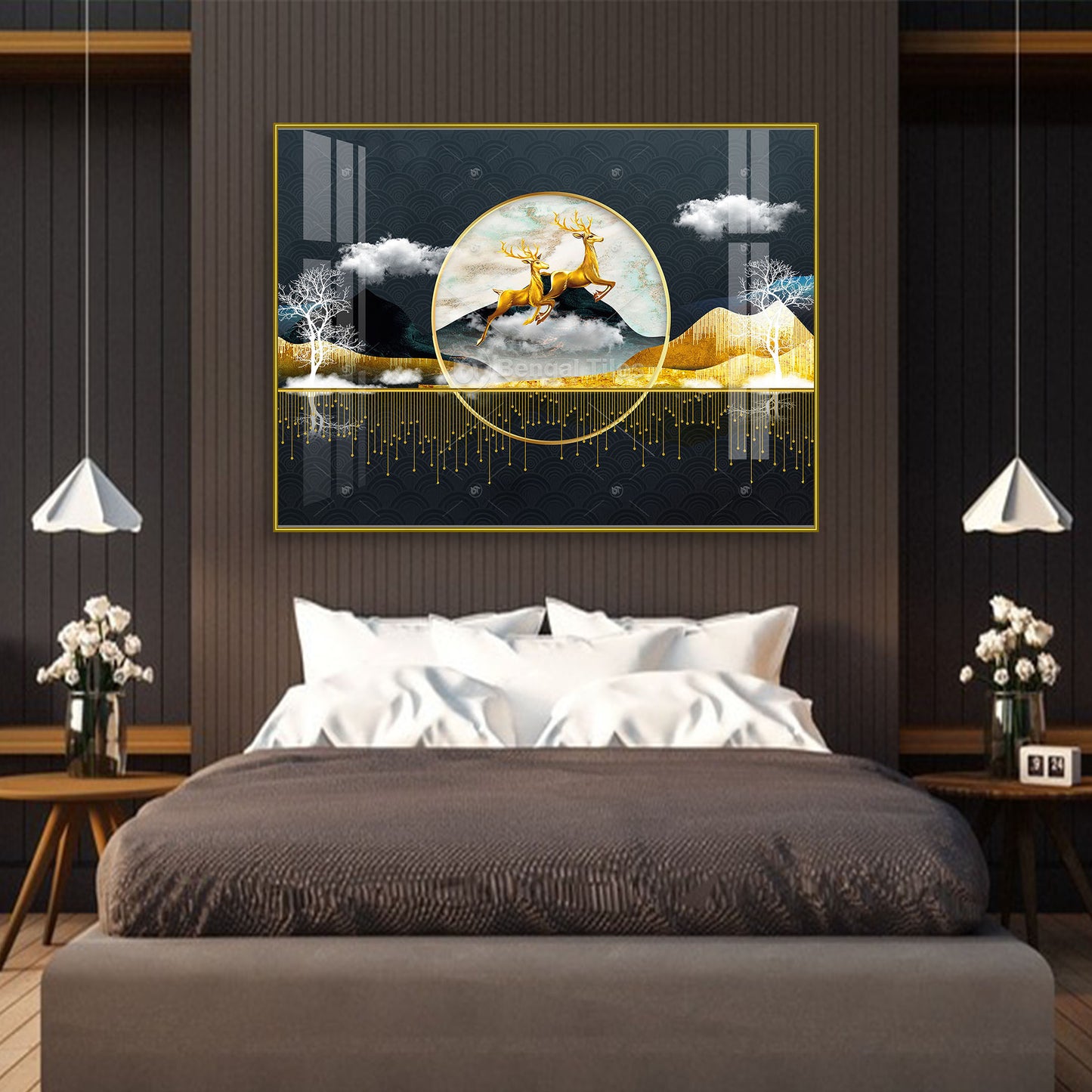 Premium Golden Deer Night Scene Wall Decor - 11001