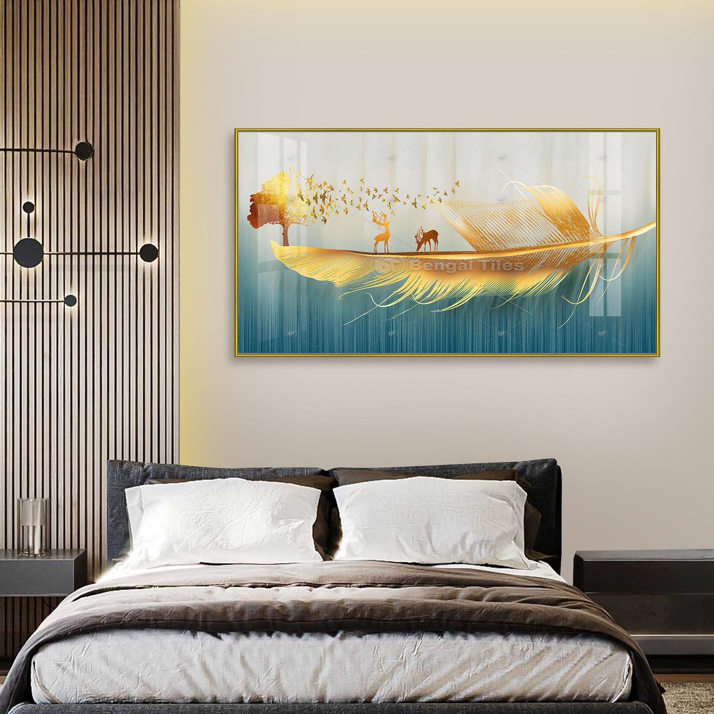 Golden Deer with Feather and Bird Wall Art - 11002