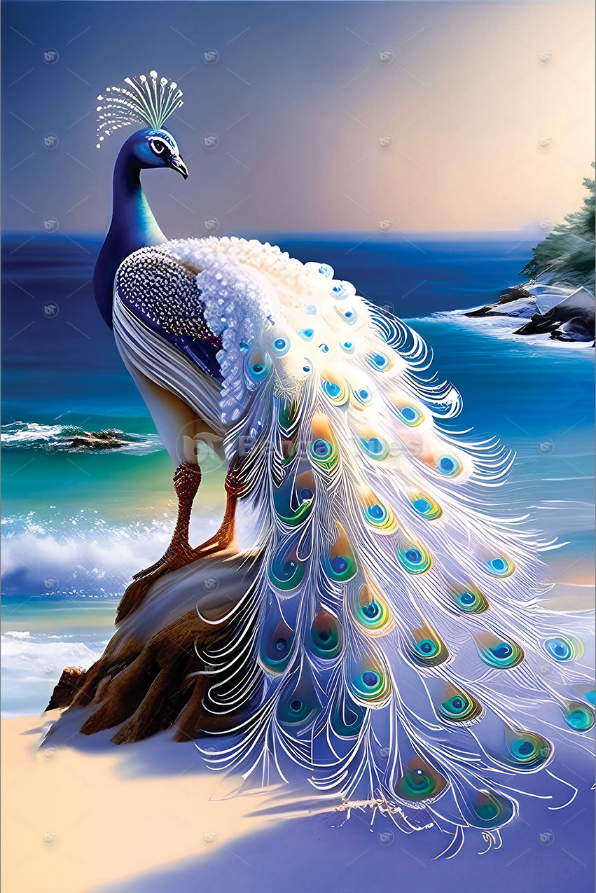 White and Blue Peacock Wall Art - 12009