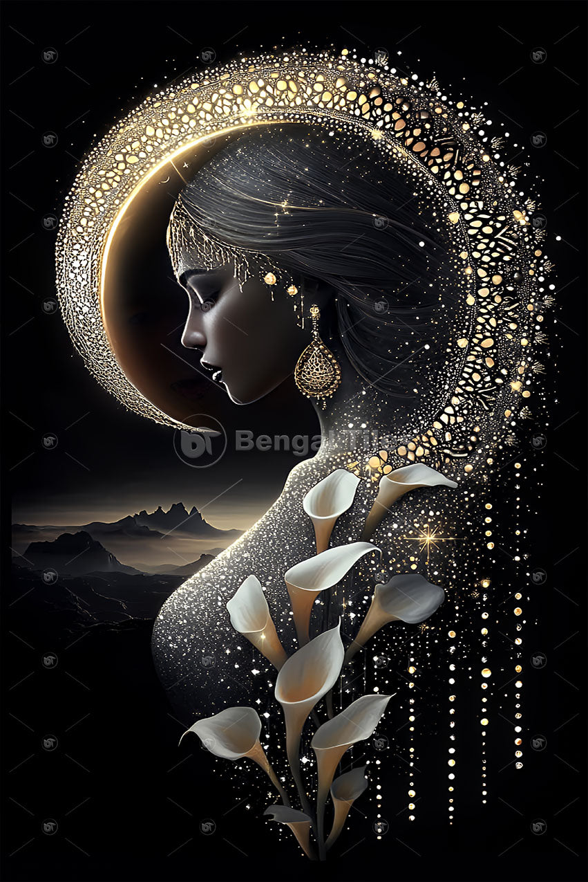 3D Woman Portrait in Gold and Black – Digital Wall Decor - 13066