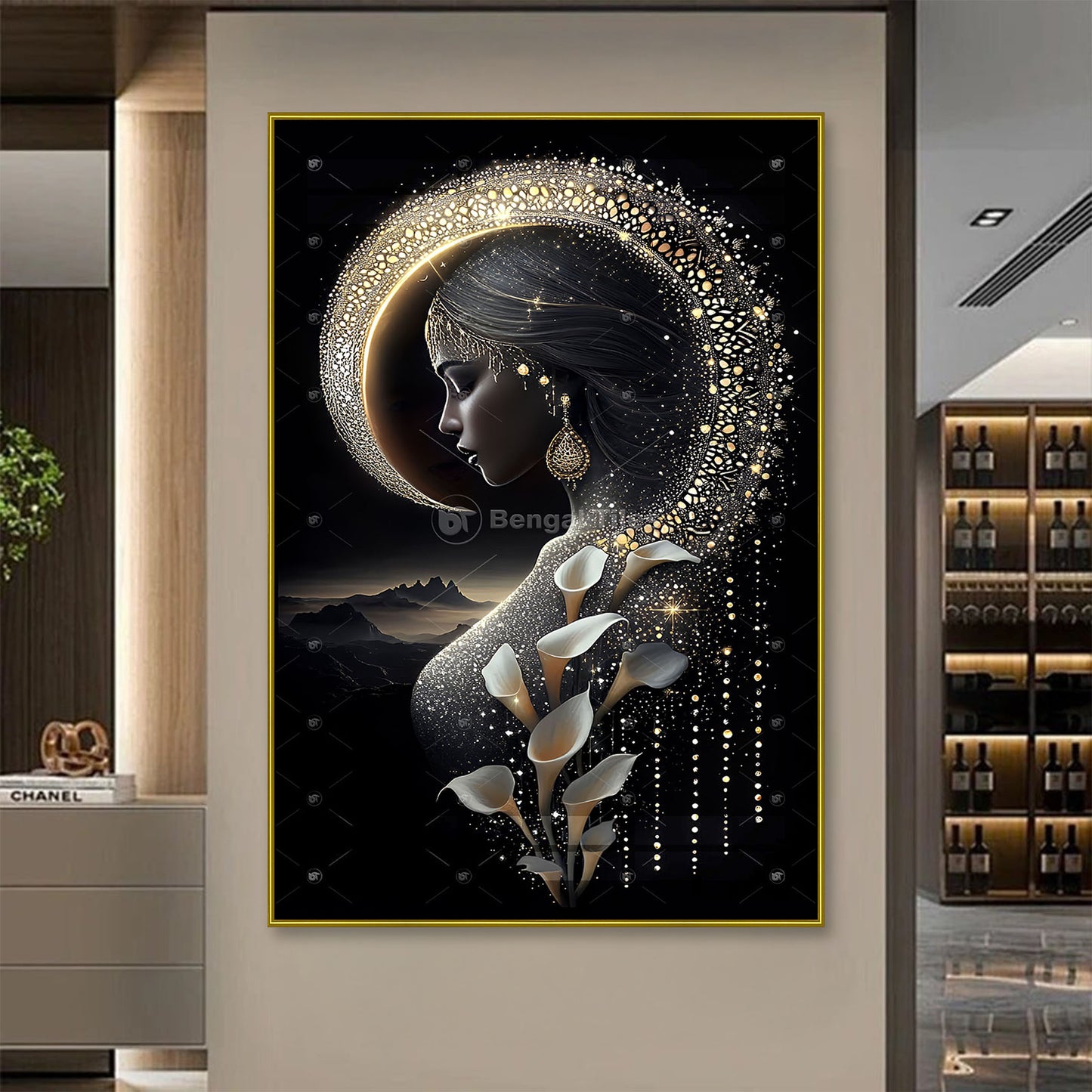 3D Woman Portrait in Gold and Black – Digital Wall Decor - 13066
