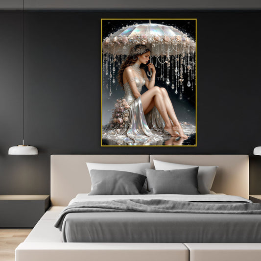 3D Graceful Beauty Girl With Umbrella In Rain - Premium Digital Wall Decor - 13077