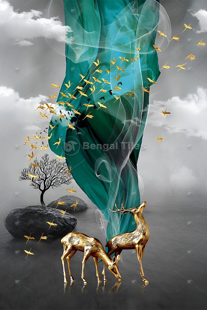 Luxurious Golden Deer set Digital Wall decor - 13097