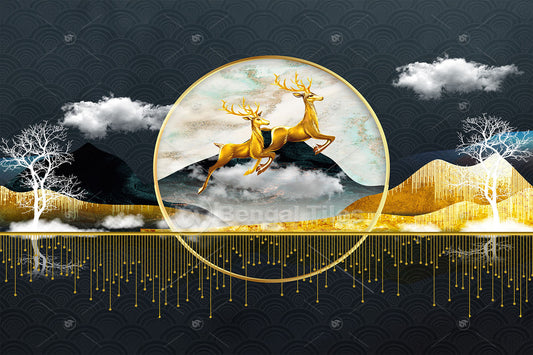Premium Golden Deer Night Scene Wall Decor - 11001
