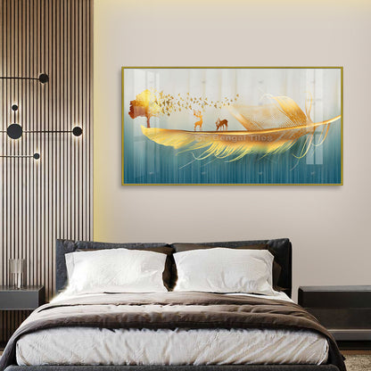 Golden Deer with Feather and Bird Wall Art - 11002