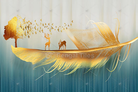 Golden Deer with Feather and Bird Wall Art - 11002