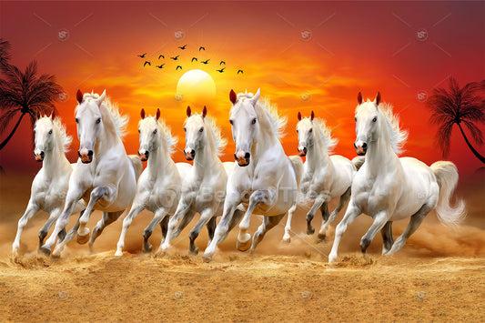 Golden Horizon White Horses In Sunset serenity - Wall Art - 11003