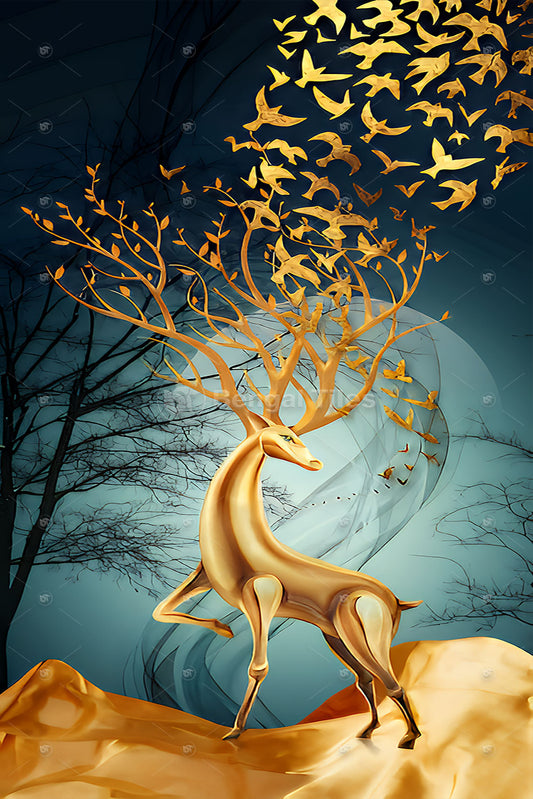 Majestic Golden Deer 3D Wall Art  - 13023