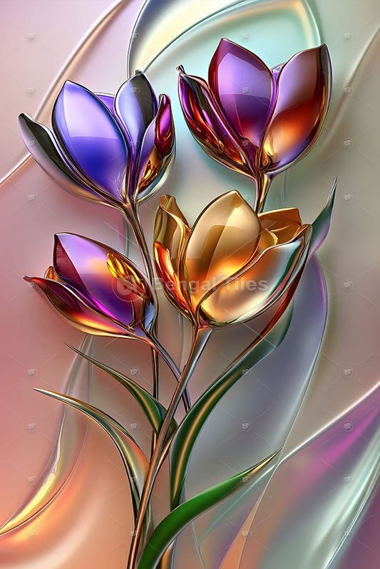 Royal Blooms 3D Digital Wall Decor in Purple & Golden  - 13028