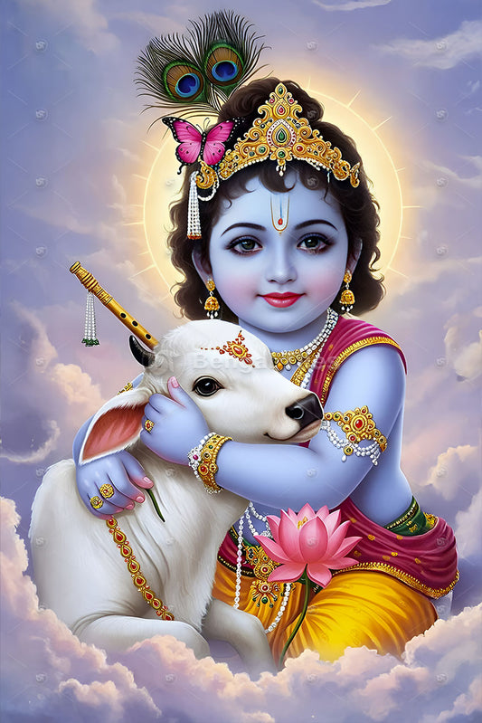 Krishna's Grace – Spiritual Wall Decor with Loving Animal Bond  - 13058