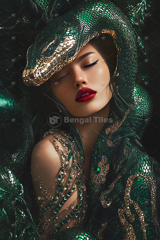 AI Elegant Lady And Green Snake Digital Wall Art - 13067