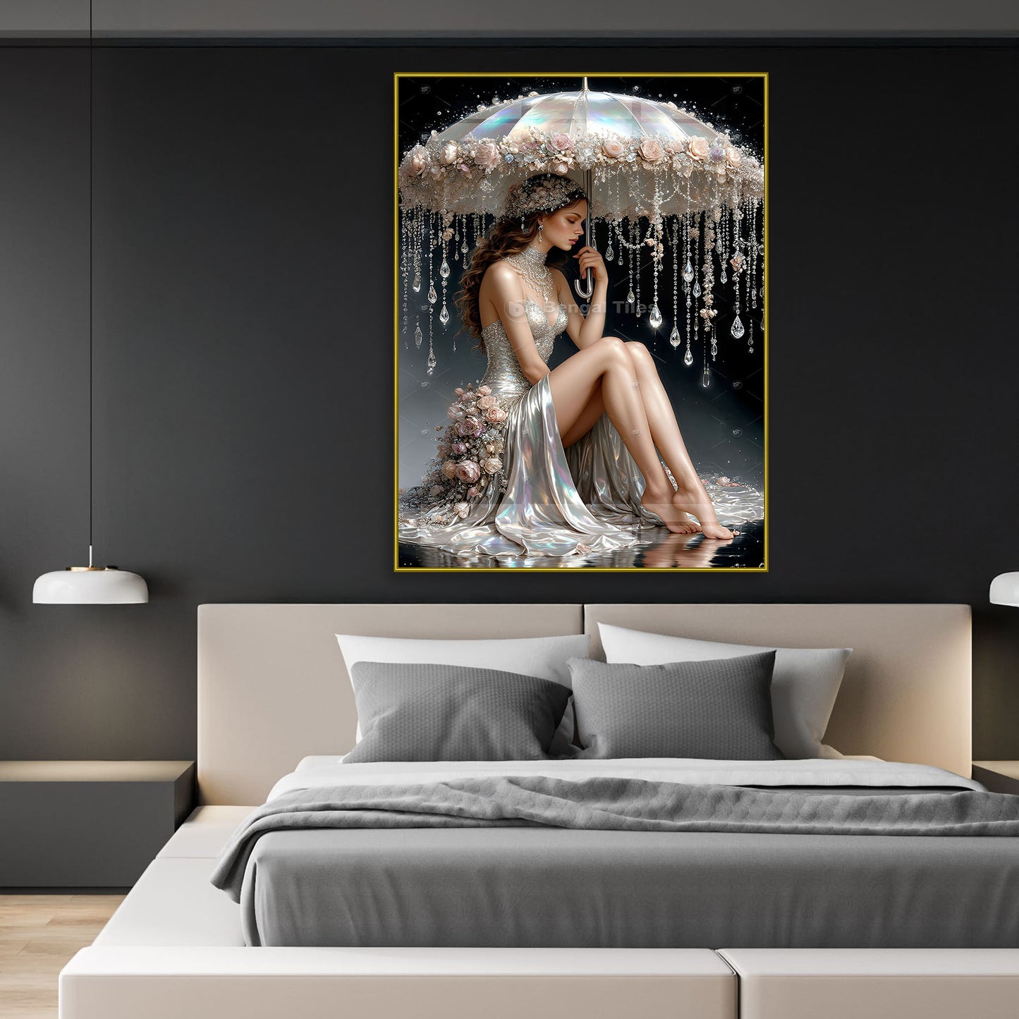 3D Graceful Beauty Girl With Umbrella In Rain - Premium Digital Wall Decor  - 13077