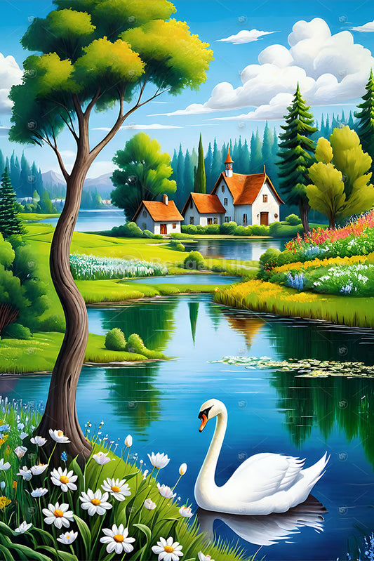 Elegant swan In River Setting -  High-Quality Nature Wall Art - 13085