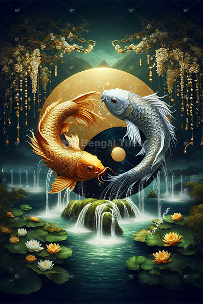 Luxury Depths Gold And Black Fish Digital Wall Accent - 13094