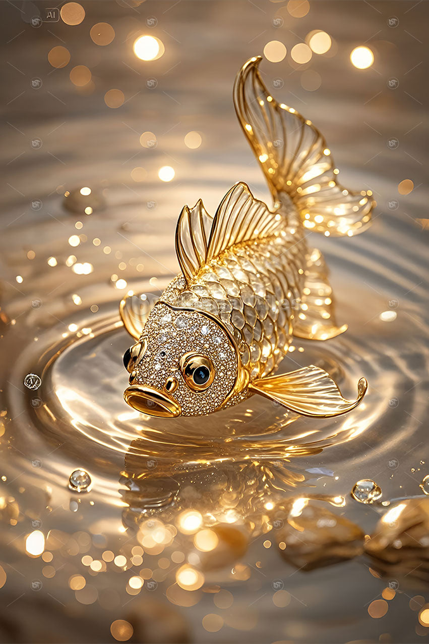 Digital Golden Fish Wall Art Elegant Gold Water Scene - 13098