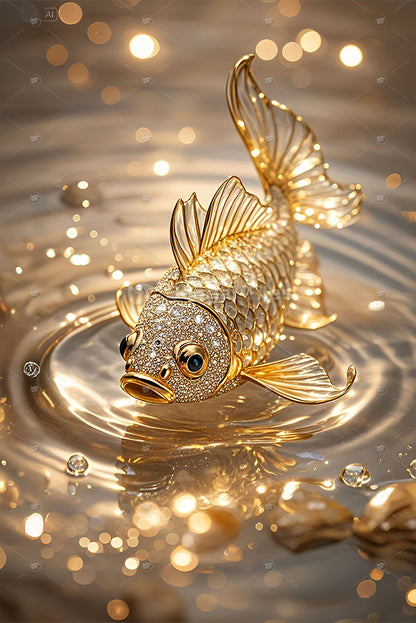Digital Golden Fish Wall Art Elegant Gold Water Scene - 13098