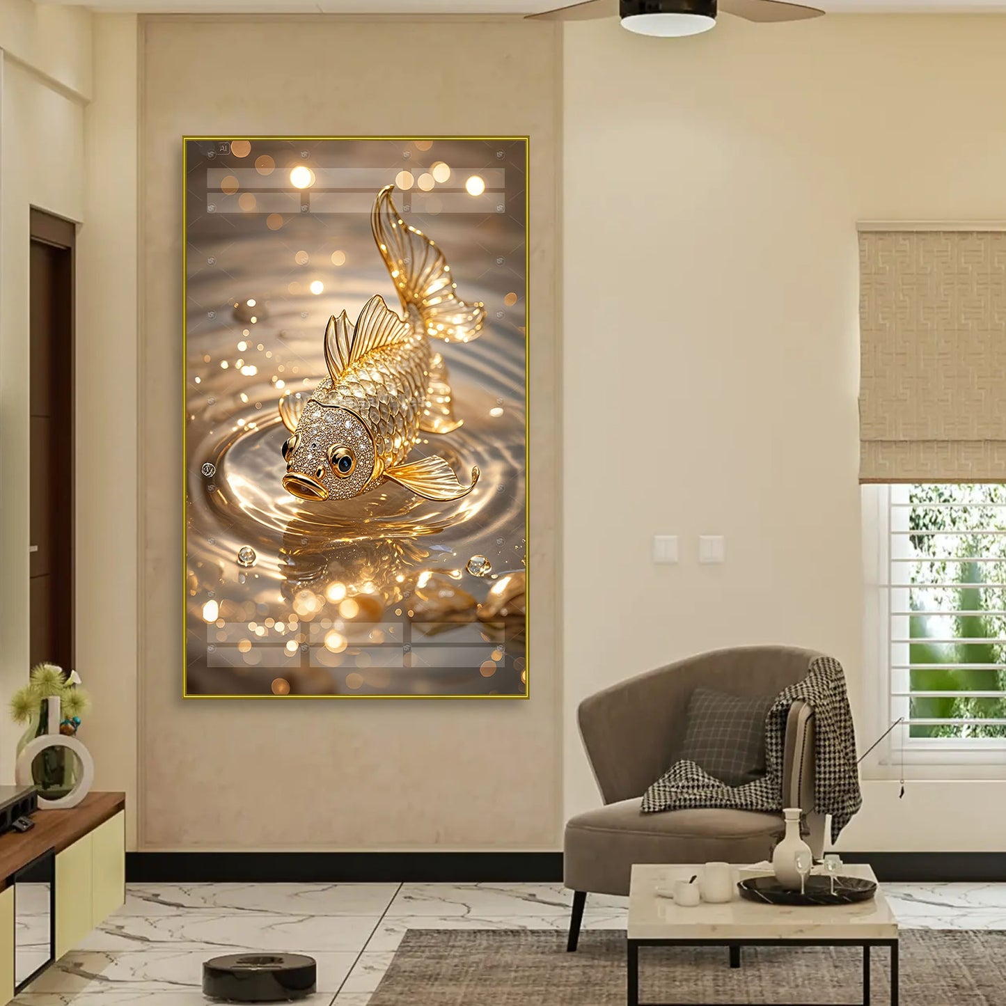 Digital Golden Fish Wall Art Elegant Gold Water Scene - 13098