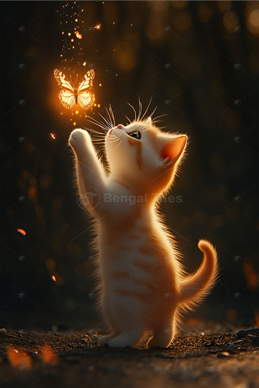 Feline Elegance – Gold Cat & Butterfly Digital Décor - 13264