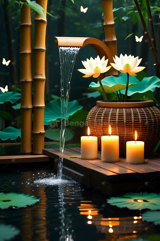 Romantic 3D Candlelight Wall Art with Blooming Flowers   - 13404