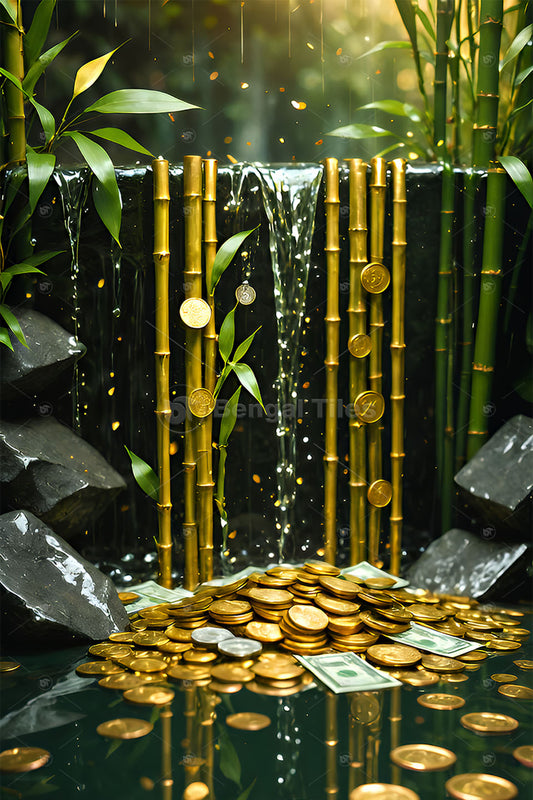 3D Luck Bamboo with Coins Digital Wall Decor – Modern Home Accent  - 13411