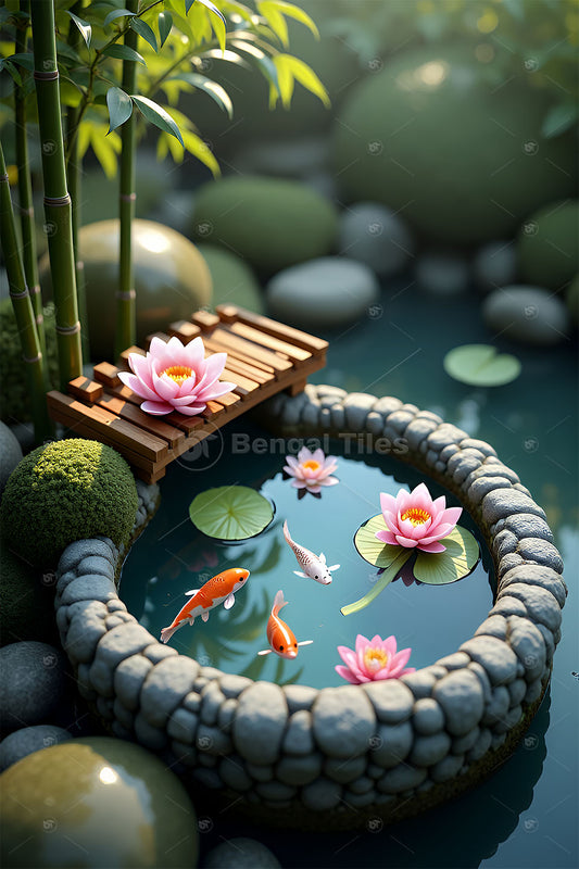 Lotus Blossoms with Swimming Fish – Premium Digital Wall Art - 13413