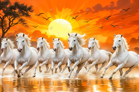 White Horses At Sunset - Premium Wall Art - 2228